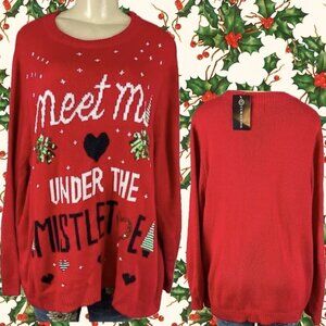 Curations +3X Red Meet Me Under the Mistletoe Sequin Graphic Long Sleeve Sweater